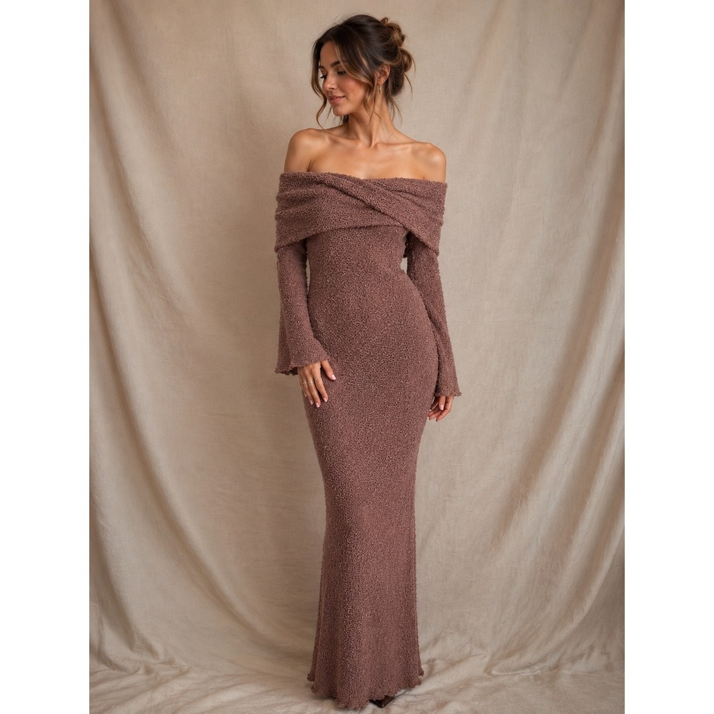 Bobbles & Lace Mauve Popcorn Knit Off Shoulder Maxi Dress Brown Bell Sleeve M